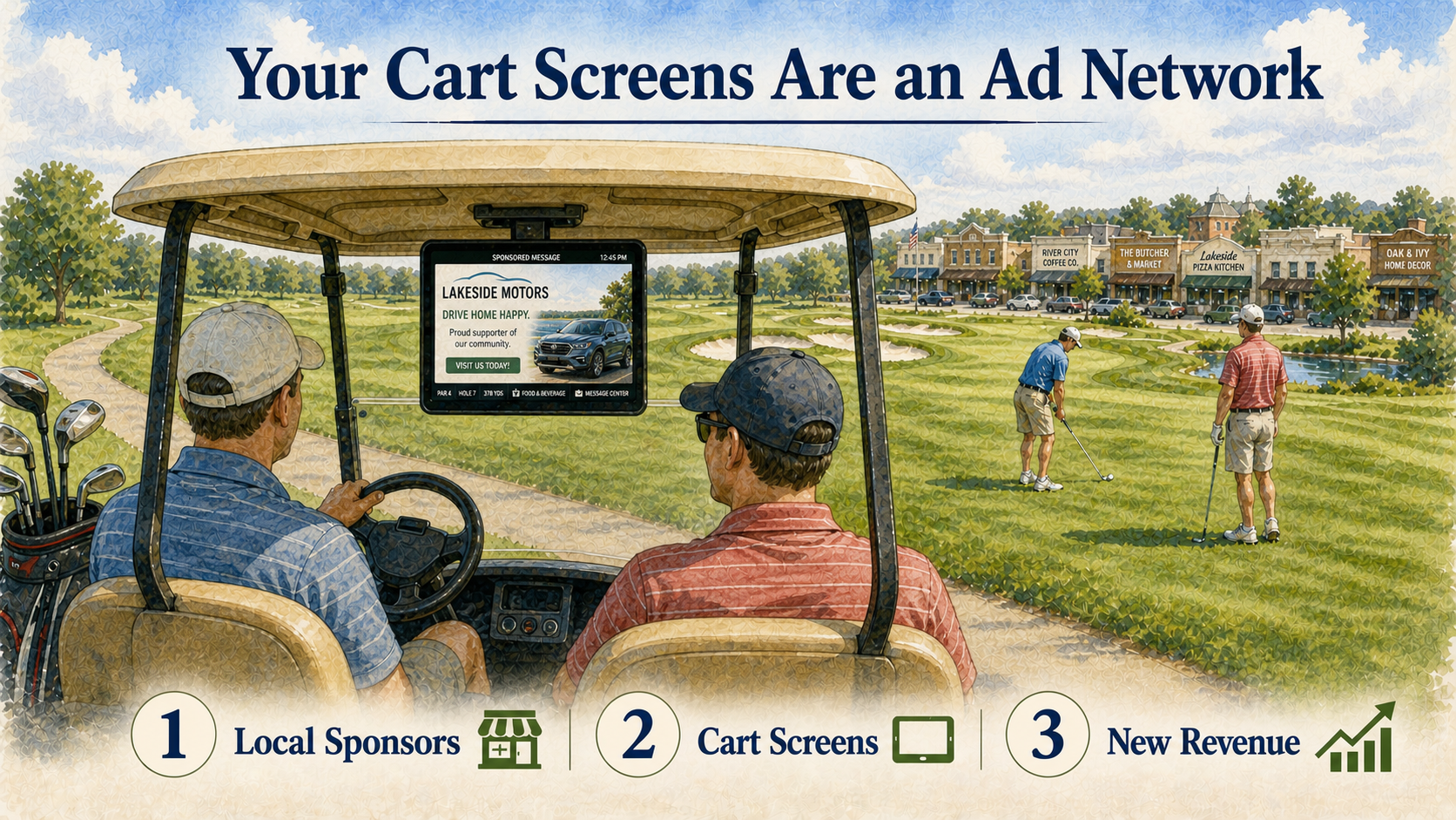 Painted illustration of a golf cart on a fairway with a small canopy-mounted screen showing a tasteful local sponsor ad, two golfers lining up a shot in the background
