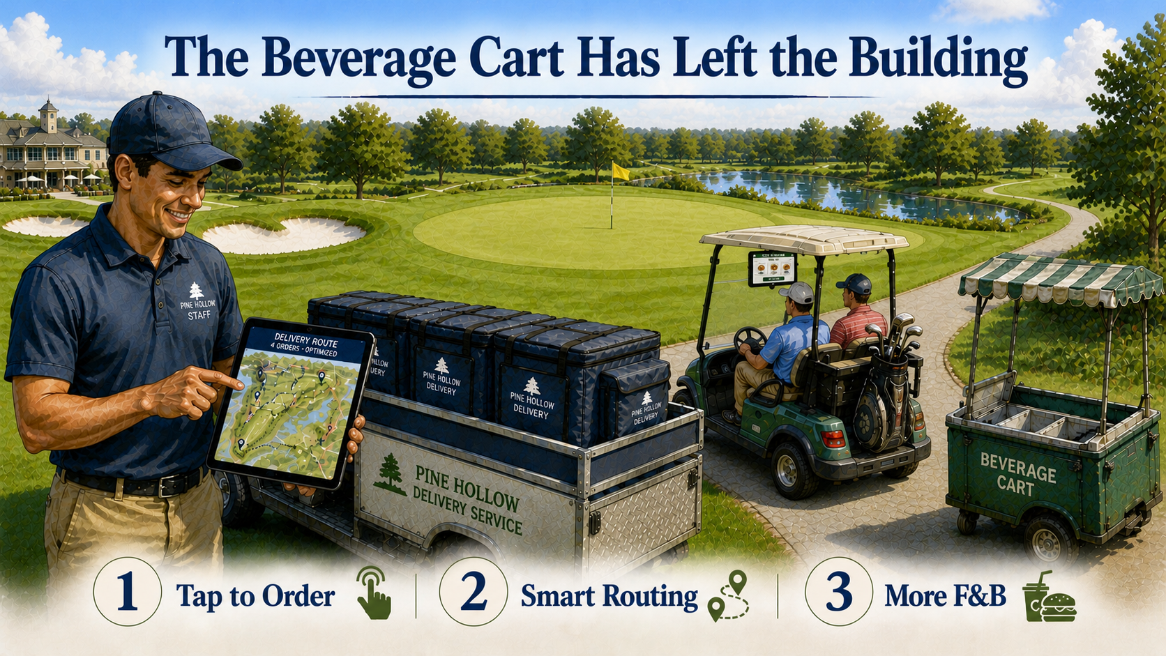 Painted illustration of a golf course beverage cart attendant approaching a foursome on a fairway with a tablet showing high-spend group tags, set against a public course landscape