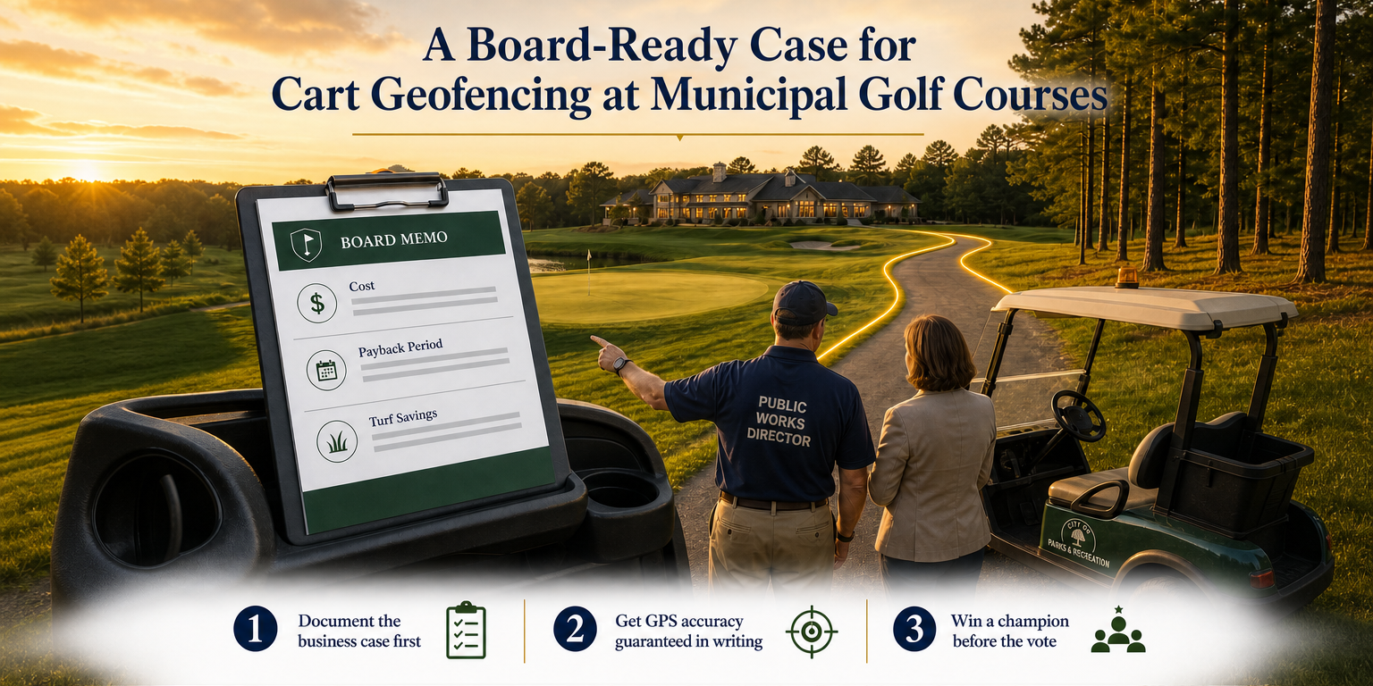 Public works director and council member reviewing a geofencing ROI memo beside a golf cart at golden hour on a municipal course cart path
