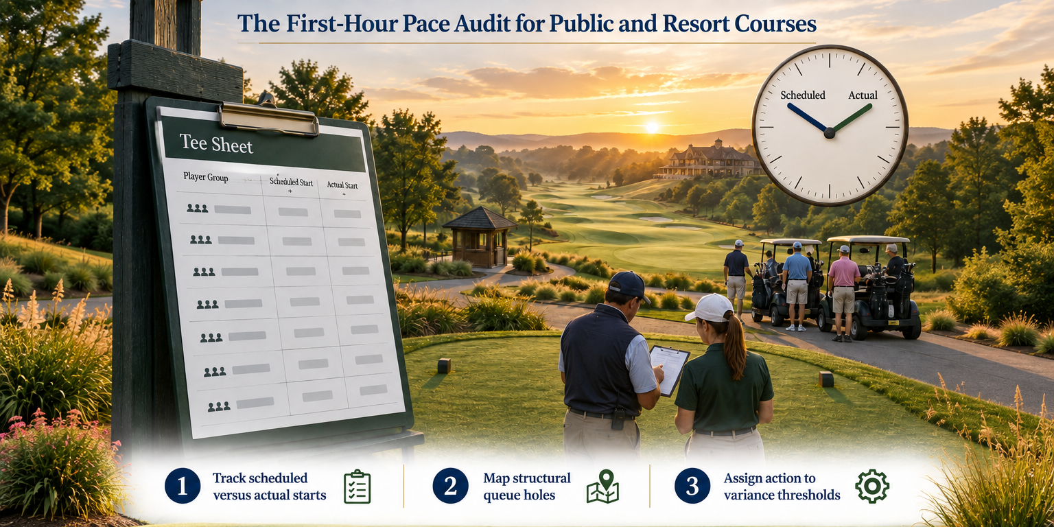 Starter and player-services staff reviewing a scheduled-versus-actual tee sheet at golden hour on the first tee
