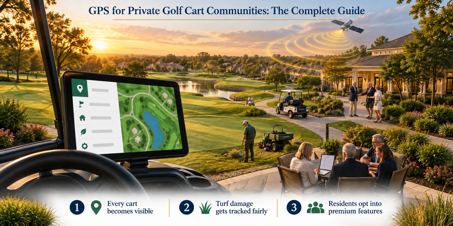 Illustrated aerial view of a residential golf community showing private golf carts tracked by GPS on the course, cart paths, and community roads with a fleet visibility dashboard overlay