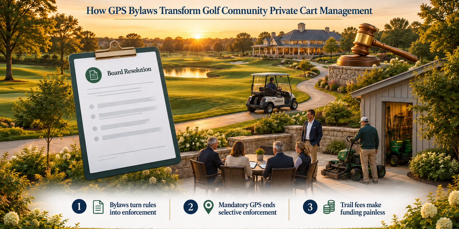 Illustrated before-and-after comparison of a golf community showing chaotic cart behavior without GPS bylaws versus orderly, GPS-tracked compliance after bylaws adoption