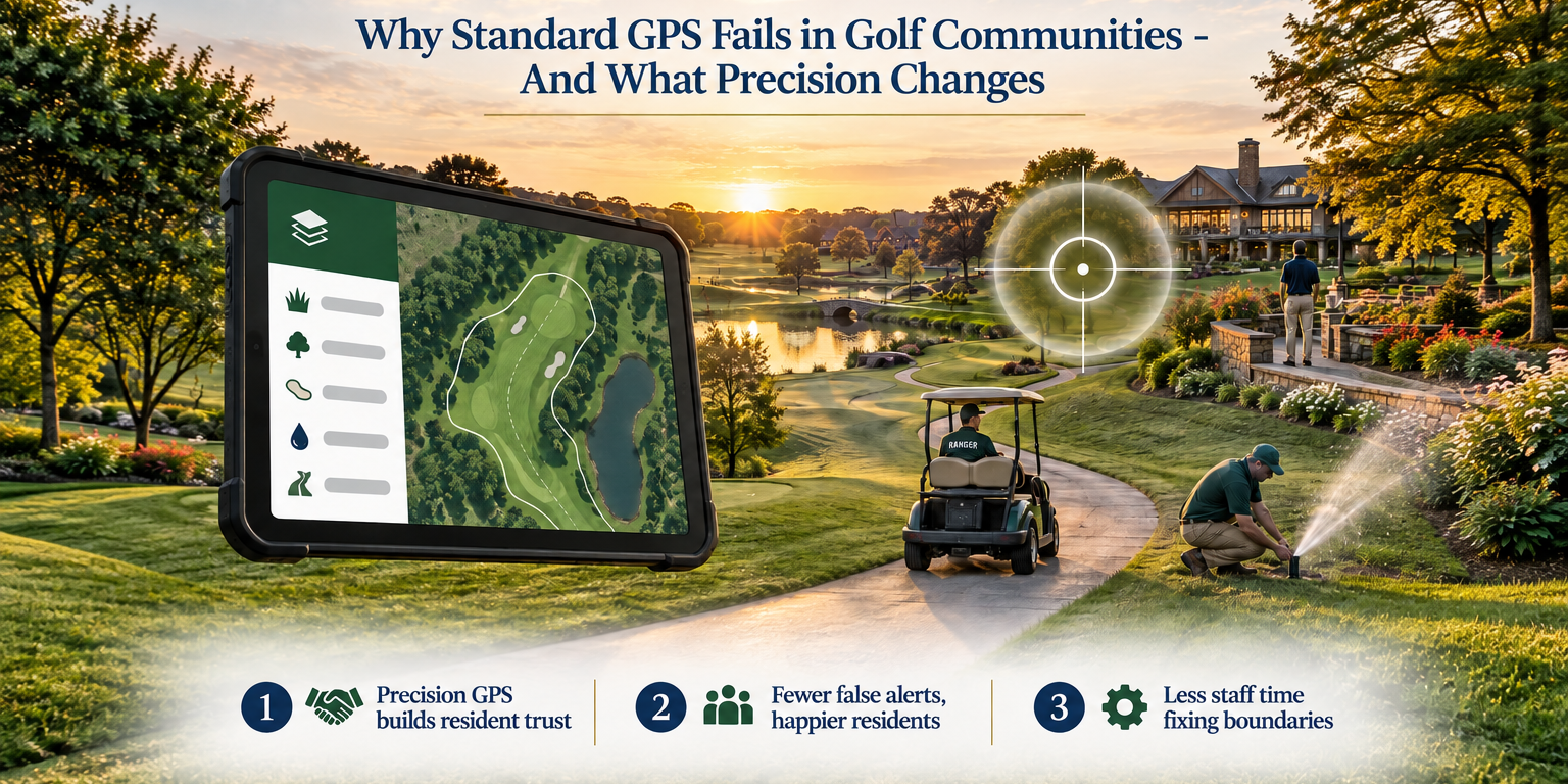 Illustrated side-by-side comparison showing standard GPS with wide drift zone causing false alerts versus precision GPS with centimeter accuracy enforcing true cart path boundaries in a golf community