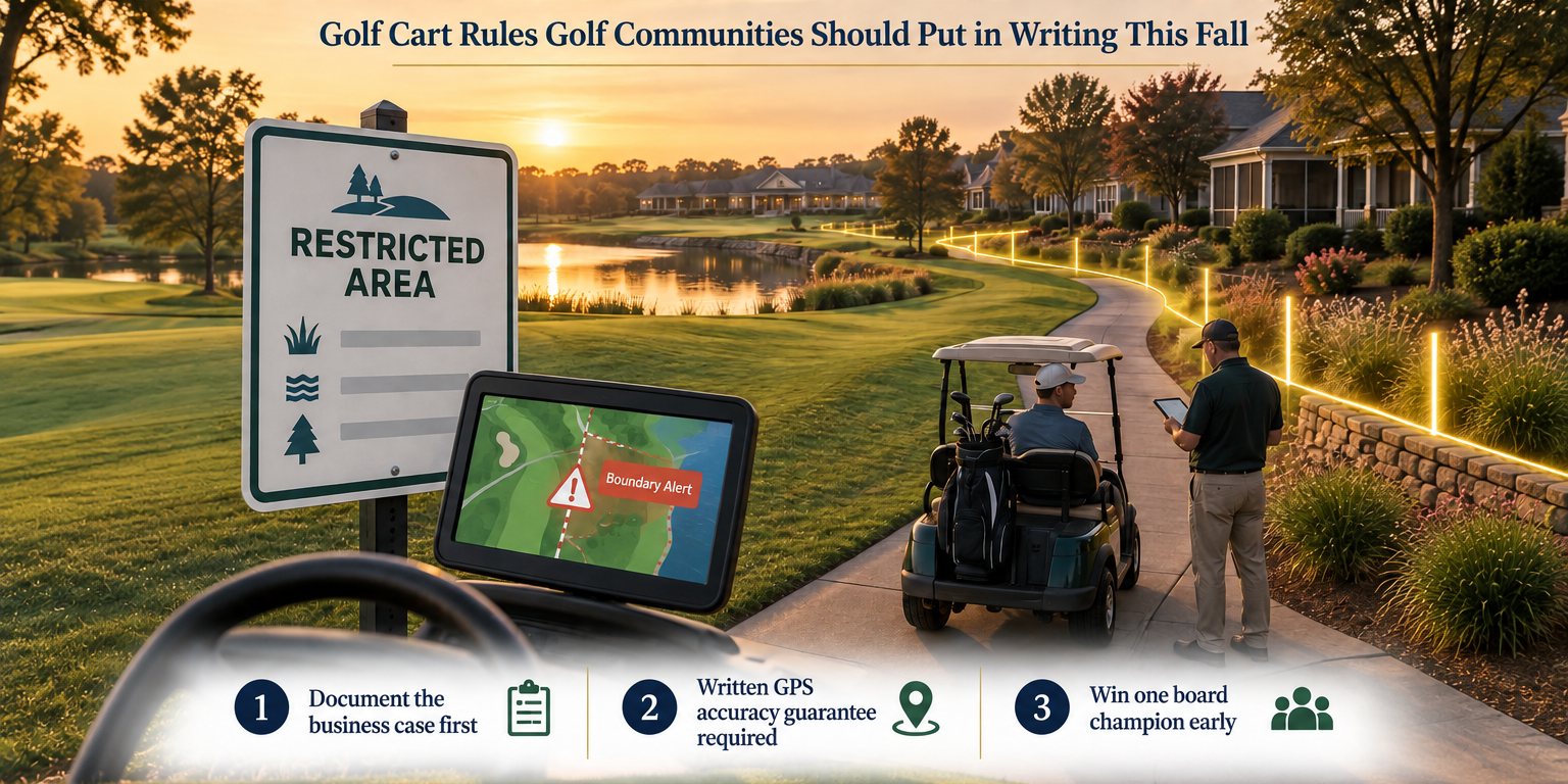 Golden hour golf community scene showing a GPS geofence boundary over a cart path next to homes, with a restricted area sign and cart screen alert in the foreground
