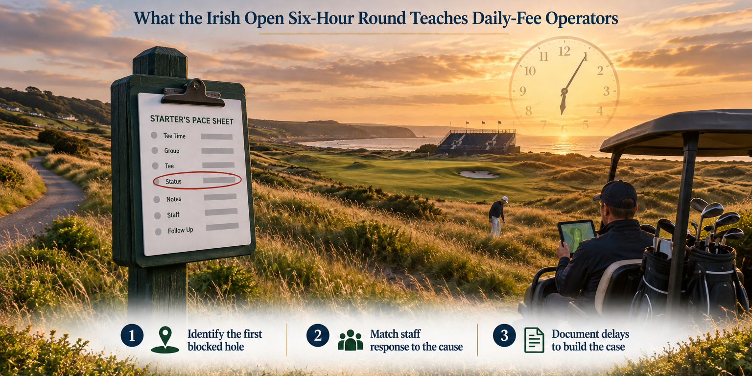 Golden-hour golf course scene with a six-hour-six-minute clock motif, a starter's pace sheet, and a player assistant checking a cart location screen