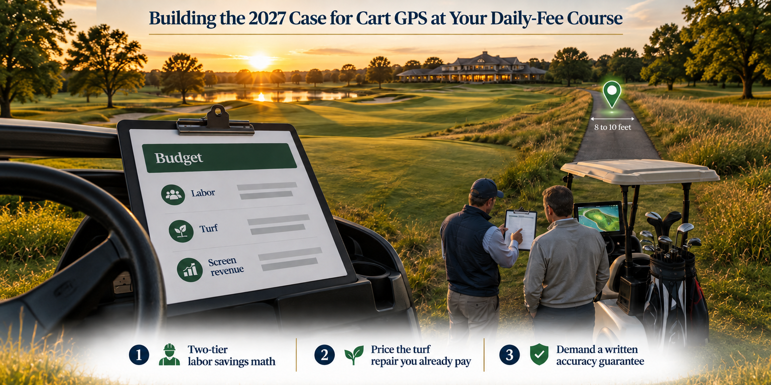 Owner and GM reviewing a 2027 budget clipboard beside a golf cart at golden hour on a daily-fee course