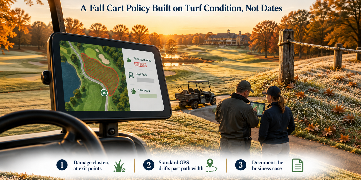 Golden hour fall golf course scene showing a superintendent and staffer reviewing a cart GPS screen near a geofenced turf zone marked by a stake and cord