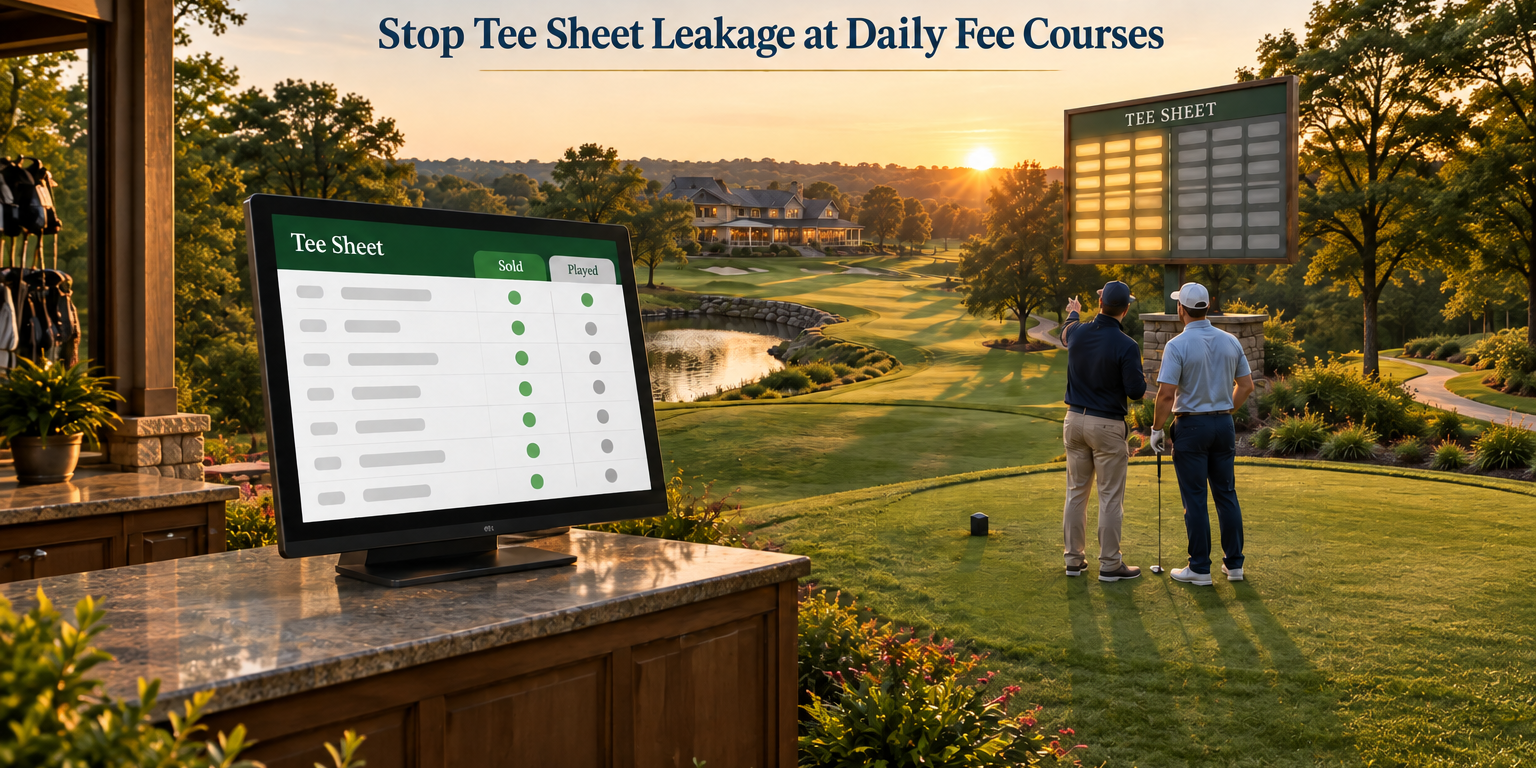 Golden hour view of a daily fee golf course tee sheet board showing booked versus played tee times, with a starter and golfer reviewing the pro shop screen