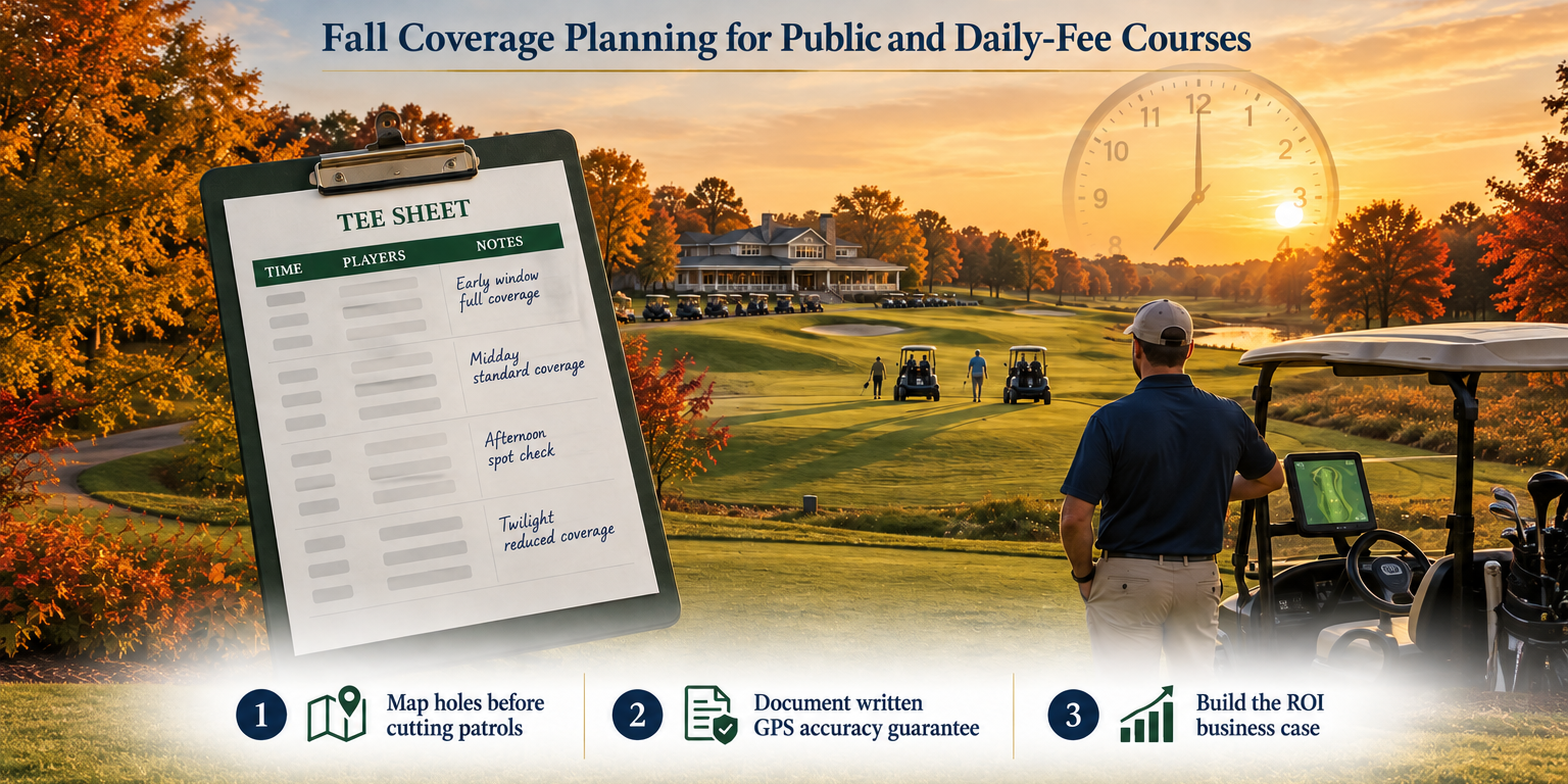 Golden hour view of a daily-fee golf course in fall with a staff member checking a cart GPS screen near the first tee