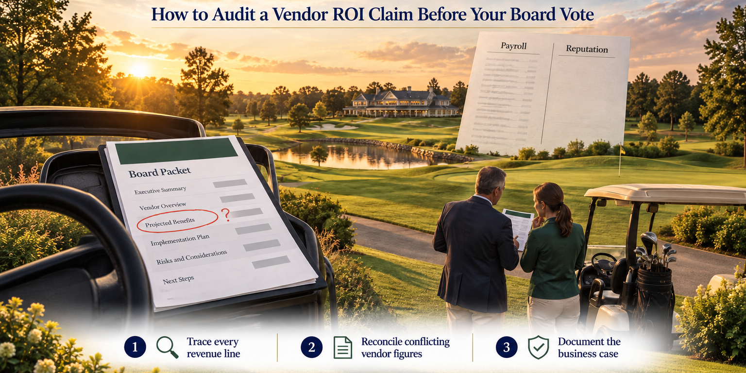 A general manager and committee member review a circled line in a board packet on a golf cart dash at golden hour, beside a ledger with a filled payroll column and an empty reputation column.