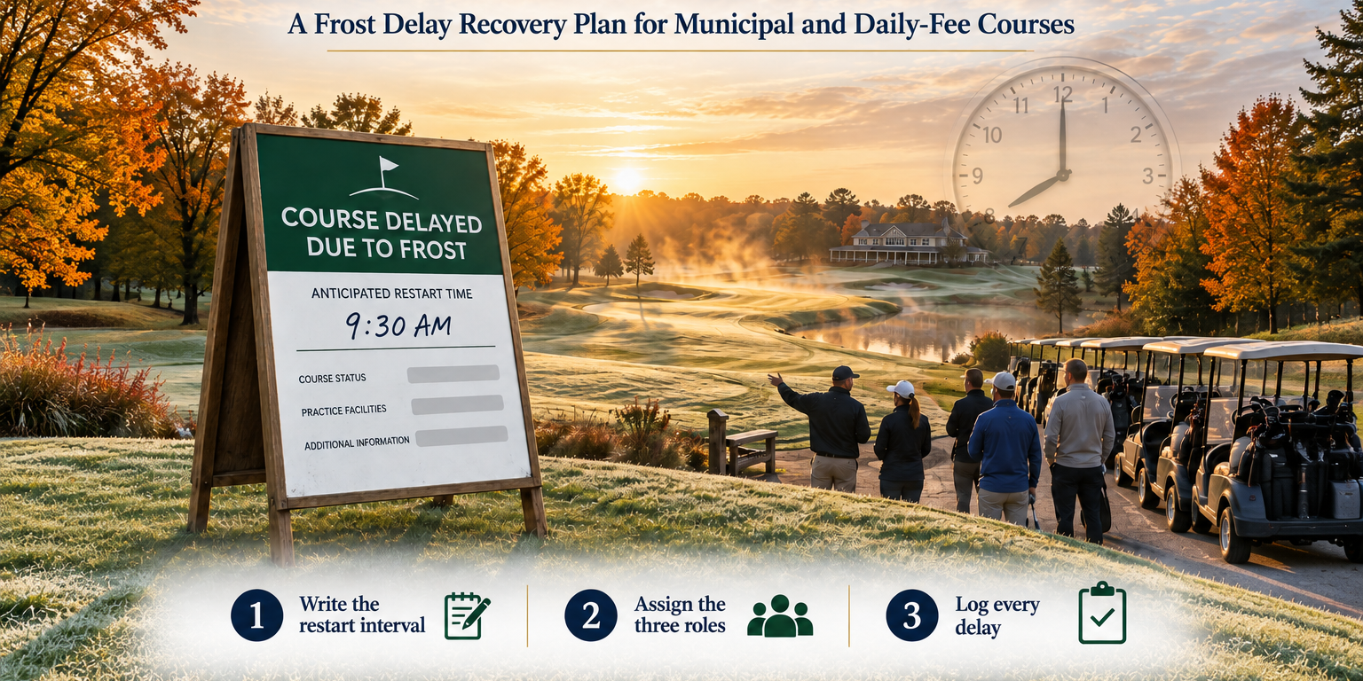 Starter and golfers wait beside a frost-delay sign on a golden-hour municipal golf course tee box