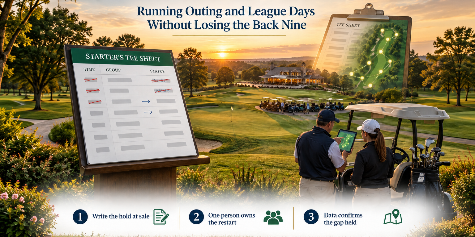 Golden-hour golf course scene with a starter's tee sheet and staff checking cart position data during an outing day