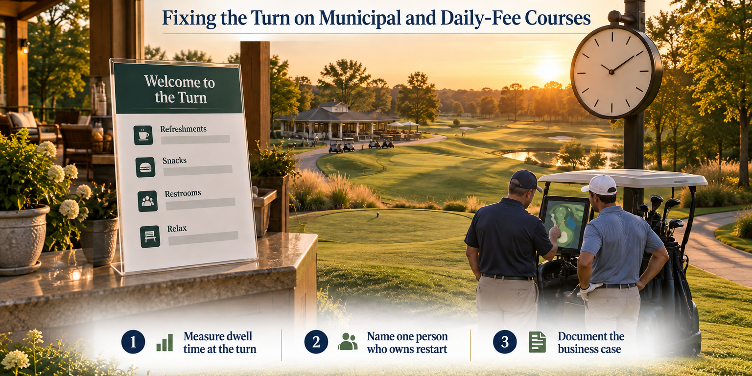 Golden-hour view of the 10th tee and halfway house with a turn standard sign and cart GPS screen showing group intervals and an order-ready prompt