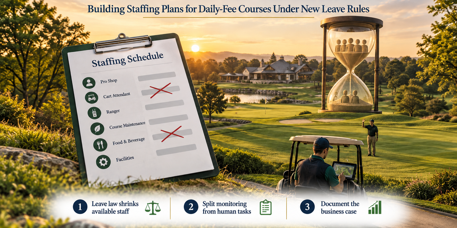 Golden-hour golf course scene showing a staffing schedule clipboard and a cart GPS screen, symbolizing the shrinking labor pool for ranger coverage