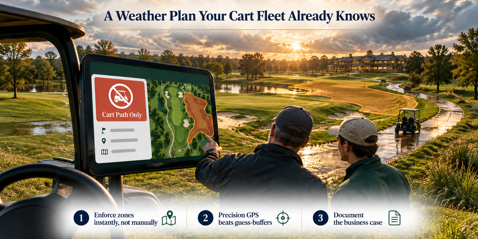 Golden hour golf course after a hailstorm with a glowing geofence line and a cart screen showing a cart-path-only alert