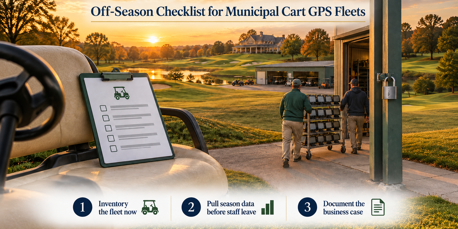 Superintendent and staff wheel a rack of golf cart GPS screens into storage at a municipal course during fall close-out, with a checklist on a cart seat.