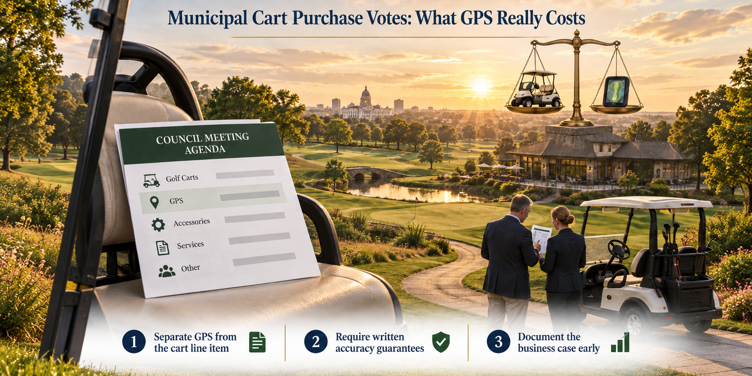 A municipal GM and council member review a cart and GPS budget line item beside a lithium golf cart at golden hour