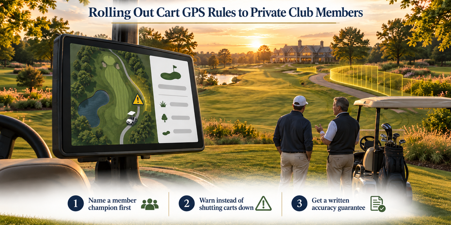 Golden-hour private club cart path with an on-screen GPS zone warning and two members talking beside the cart