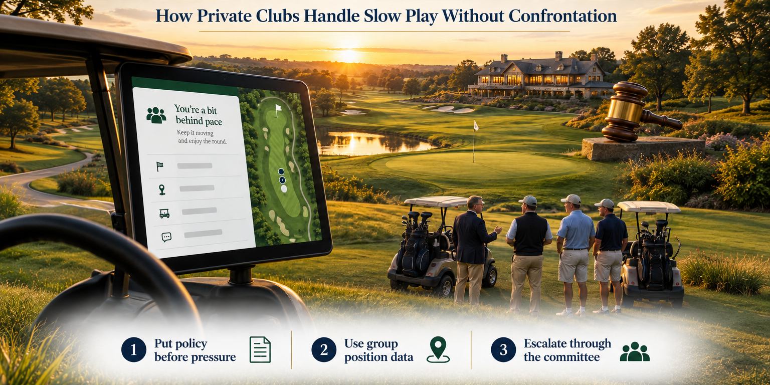 Golden-hour private club scene with a committee gavel, pace screen, and staff speaking privately with golfers.