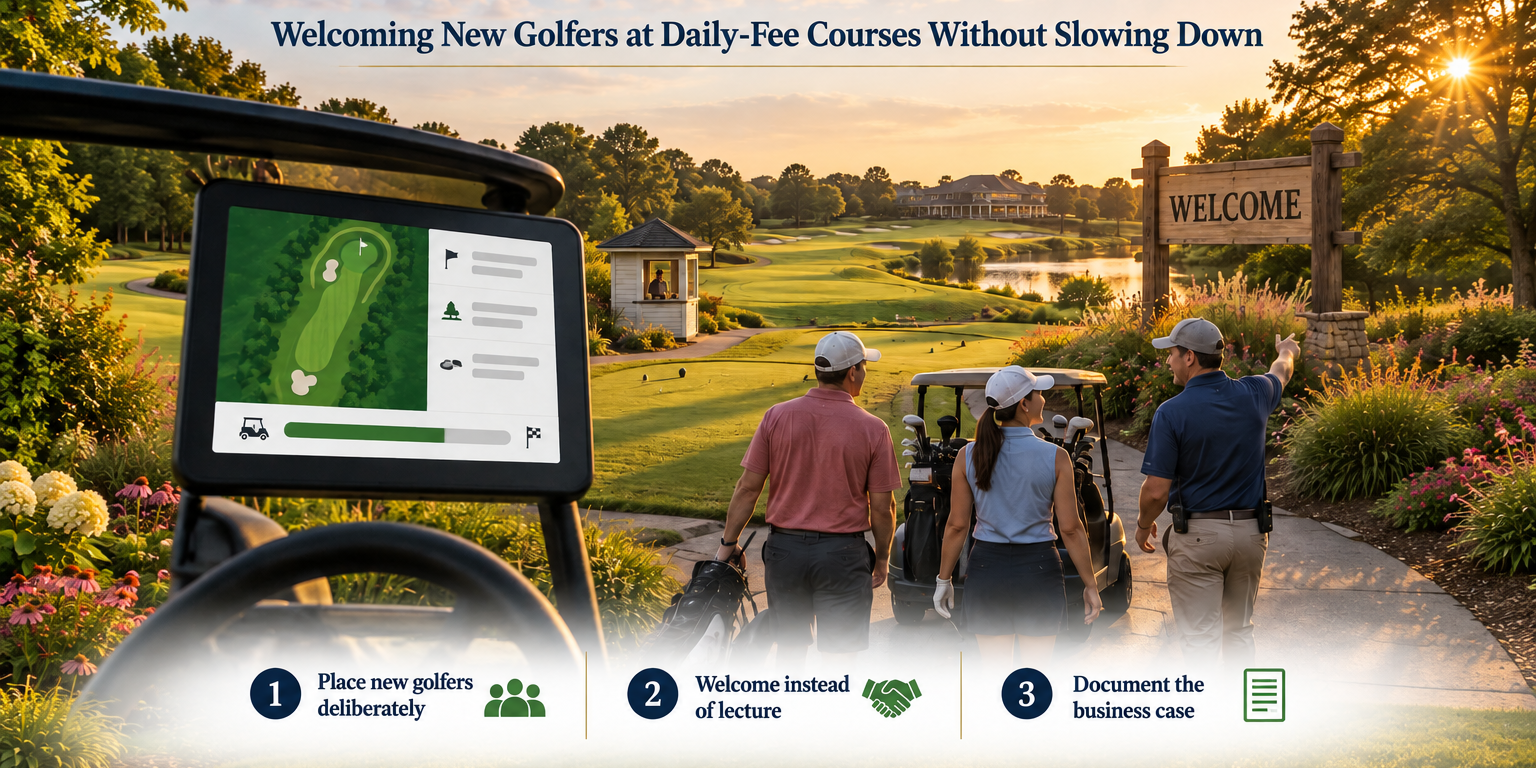 A friendly player assistant walks beside a cart on a daily-fee course at golden hour, with a welcome sign at the first tee and an on-cart GPS screen showing a hole map.