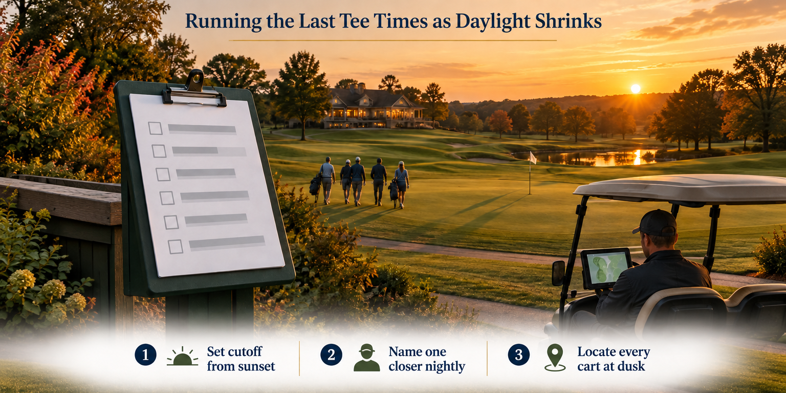 A starter clipboard and a staff member checking a cart screen at sunset on a public golf course as the last group walks in.