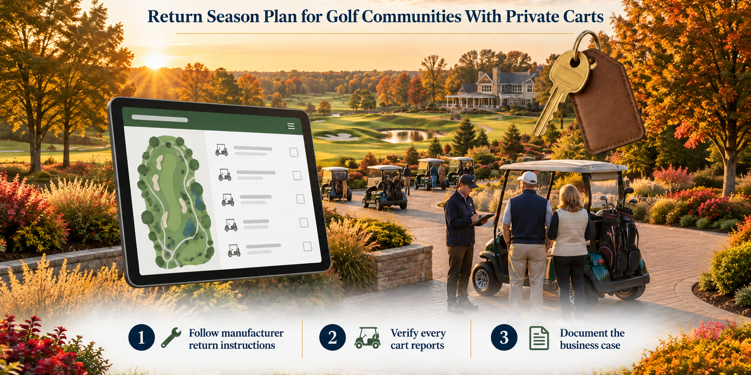 Golden-hour golf community cart check-in with returning residents, an oversized brass cart key and an operator tablet showing a course map of private carts.