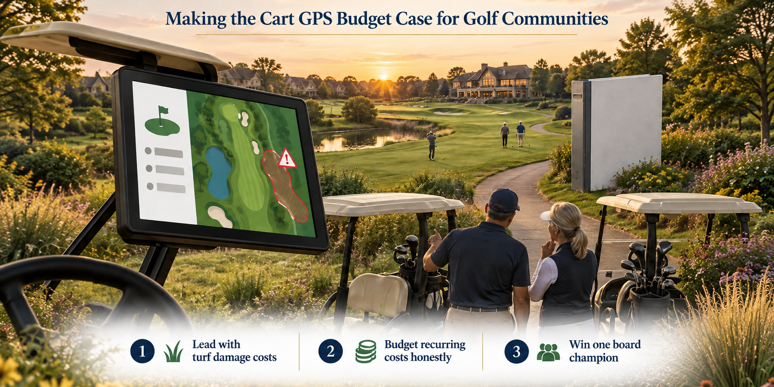 Painted golden-hour golf community scene with a board binder, a cart GPS screen showing a restricted-area warning, a manager and a resident committee member.