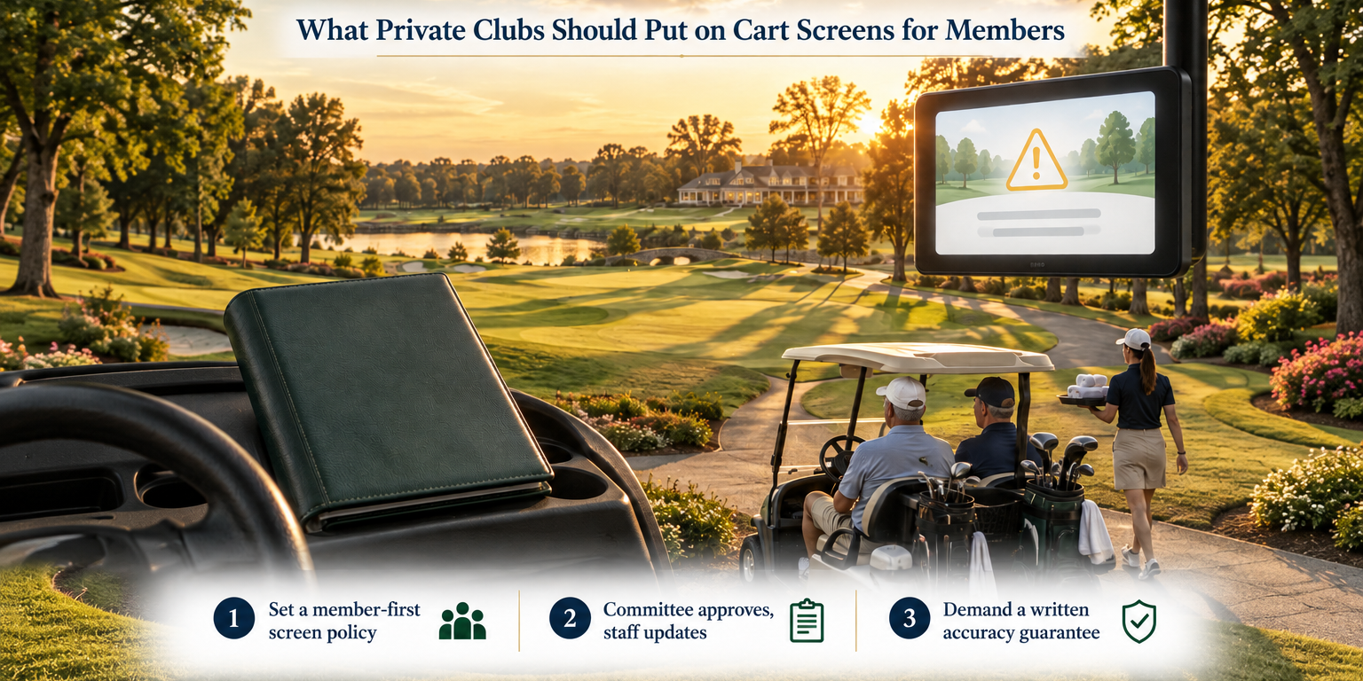 Golden-hour private club fairway with a cart screen showing a zone warning icon and a closed committee binder on the dash