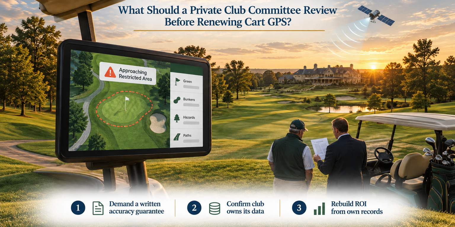 Private club committee reviewing a cart GPS renewal contract beside a cart screen showing a geofence warning at golden hour