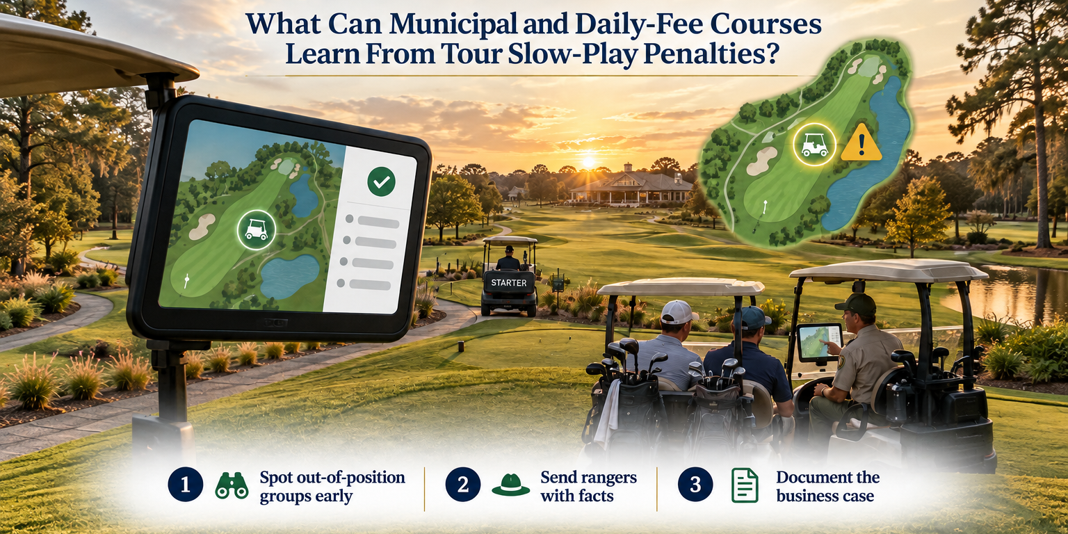 A ranger talks calmly with golfers beside a cart GPS screen at golden hour, with a course map highlighting one out-of-position cart.