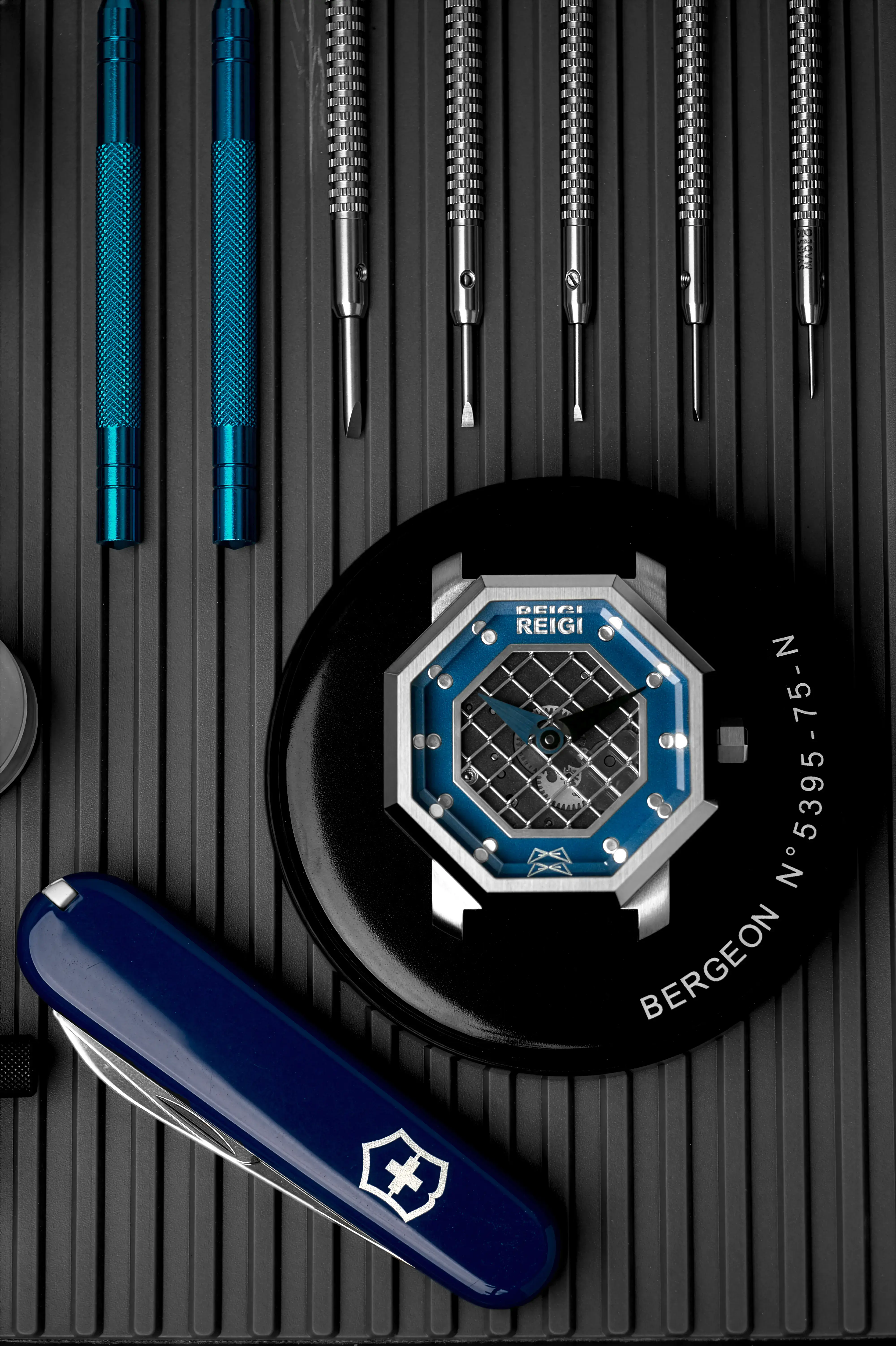 Reigi Octagon Cornerstone watch on watchmaker's workbench in Jyväskylä atelier