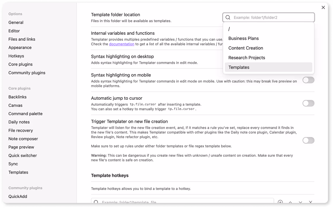 obsidian settings with templater folder location
