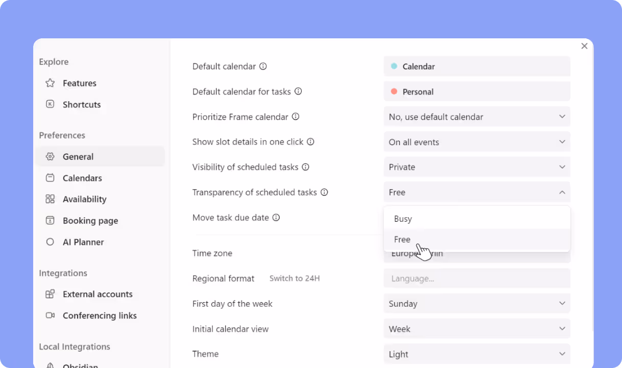 Morgen time blocking settings
