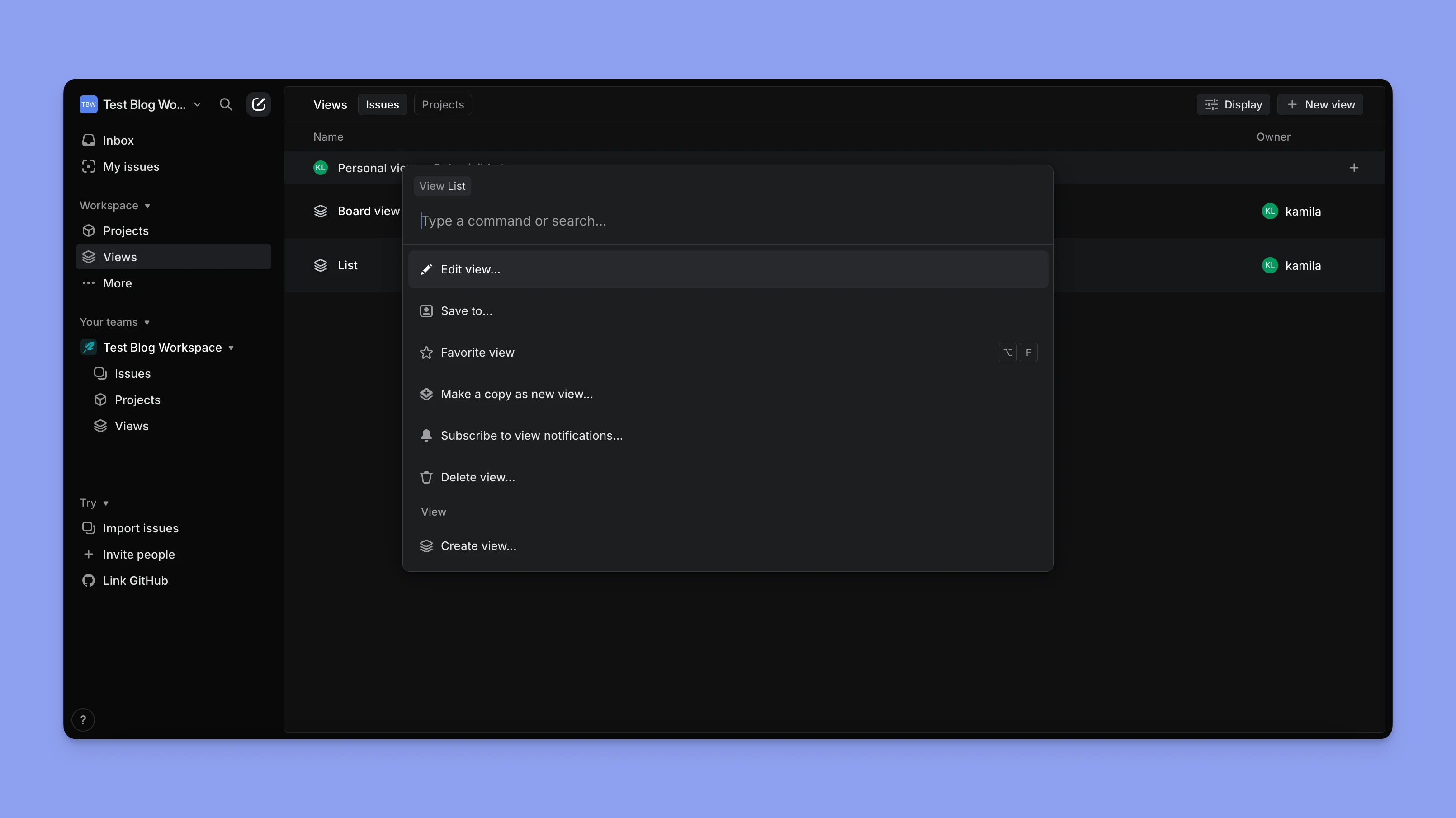 Linear app command menu