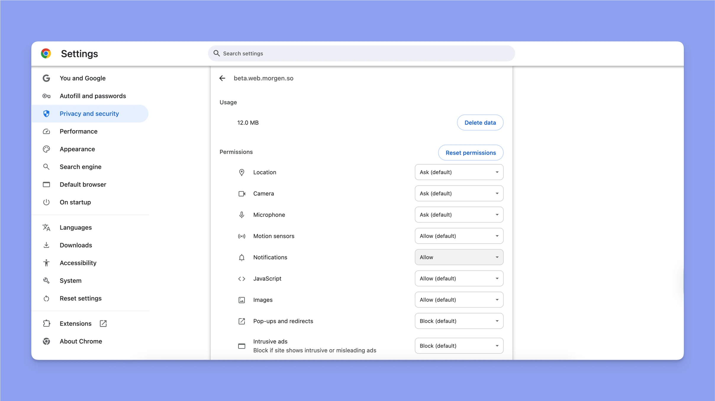 Morgen web app settings