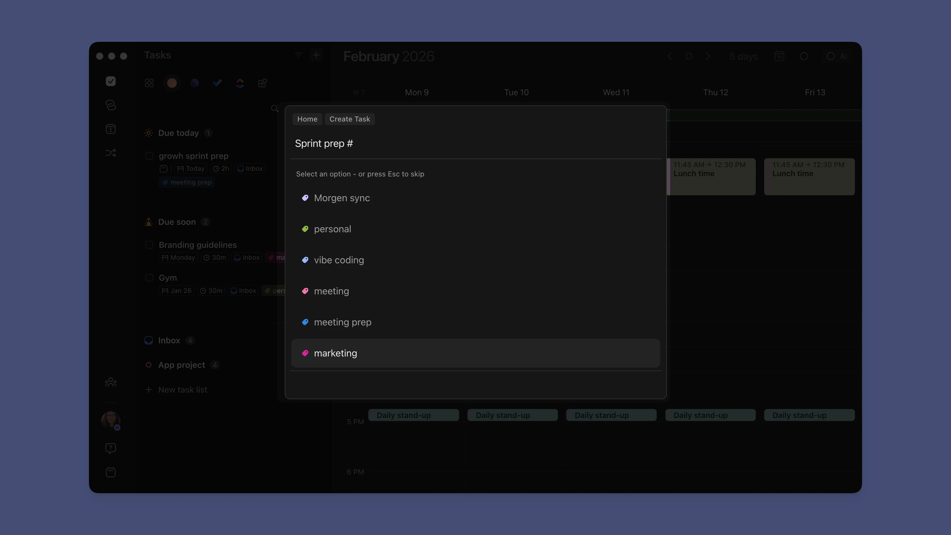 morgen app task tags in command bar