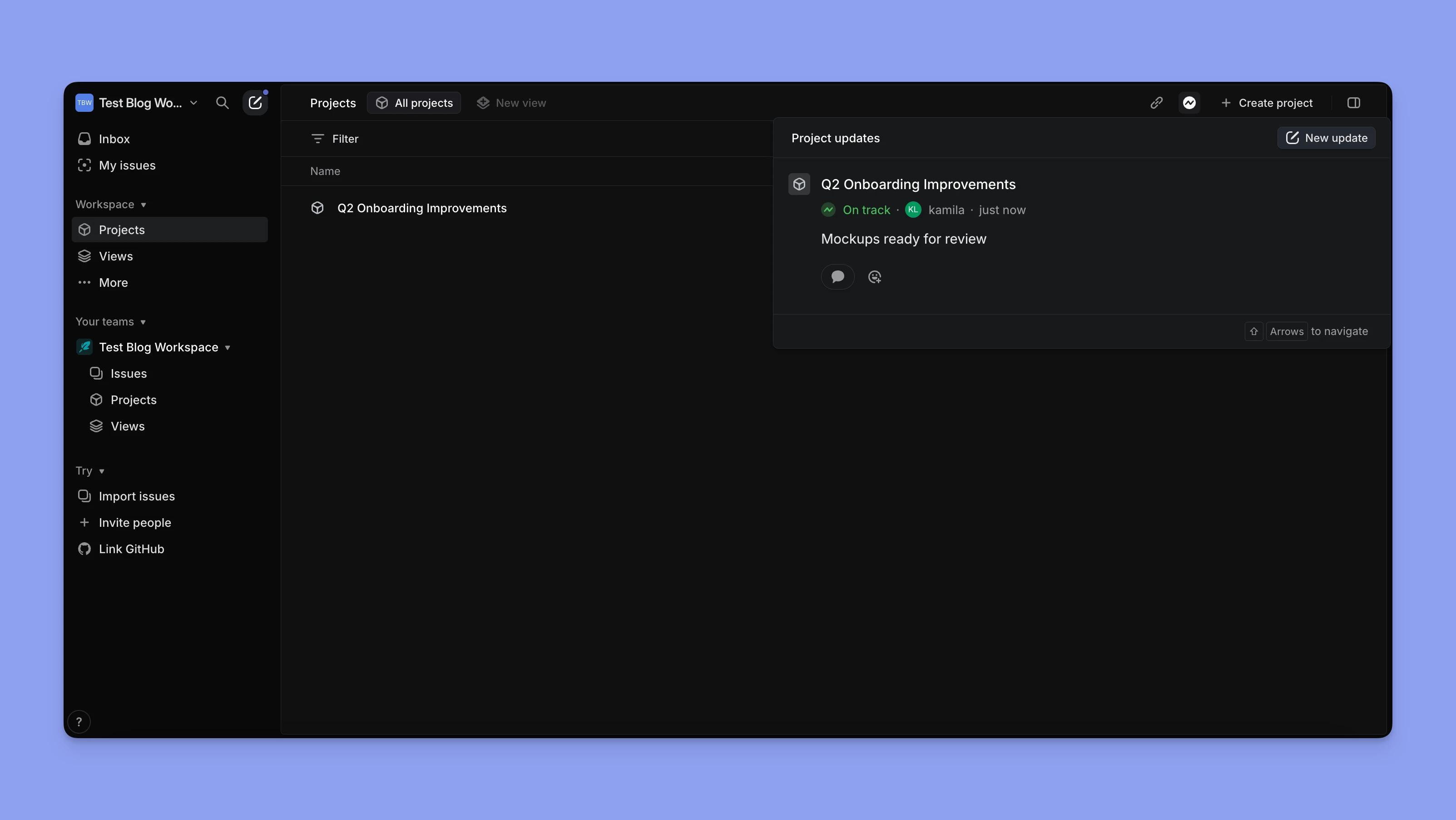 Actualizaciones de proyectos de la aplicación Linear