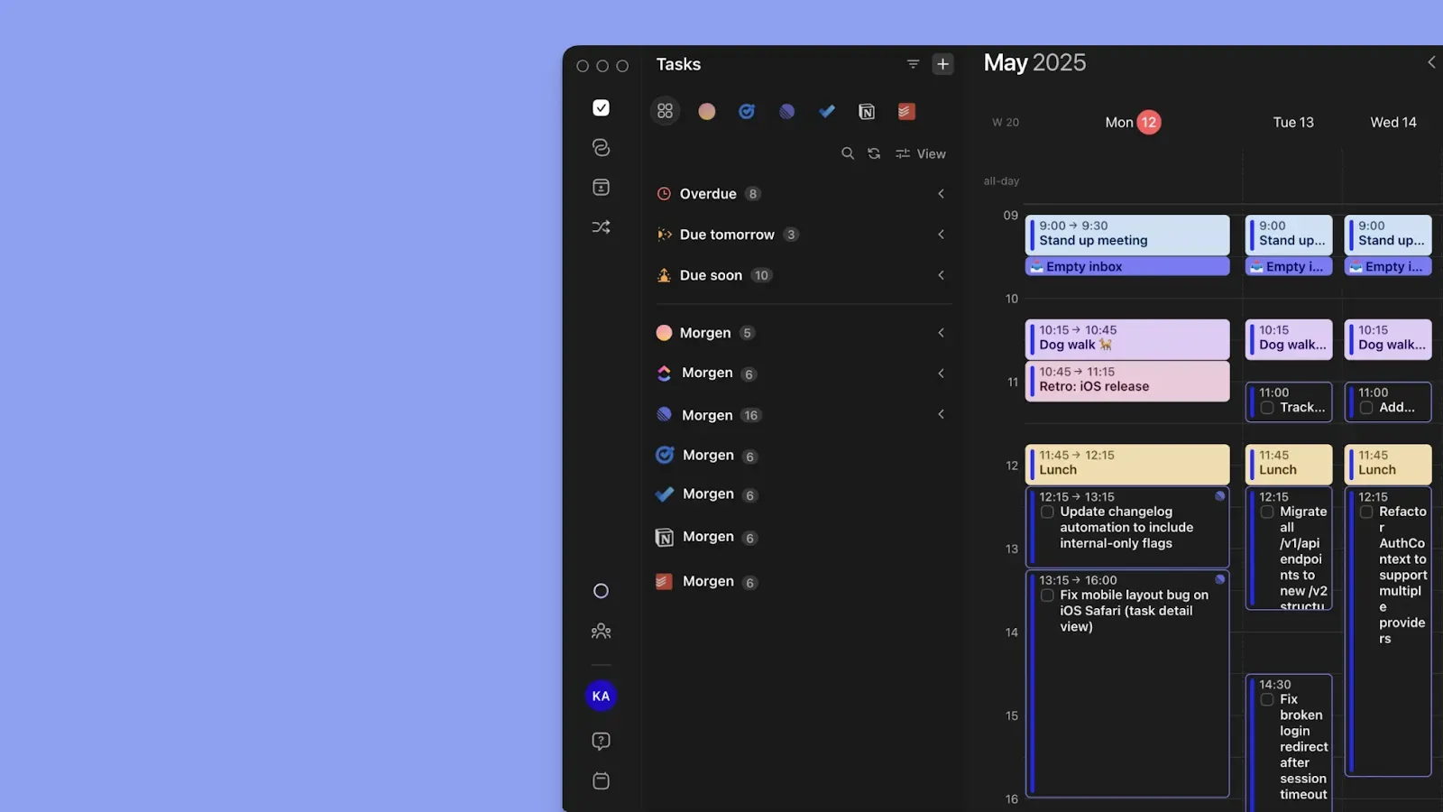 Morgen calendar consolidation view showing integrated task lists