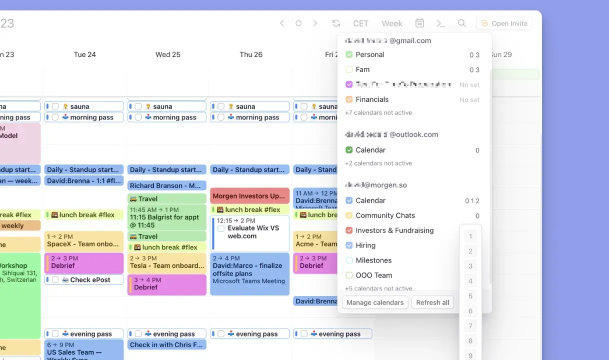 Morgen customizable planning interface showing a color-coded weekly schedule with personalized calendar management.