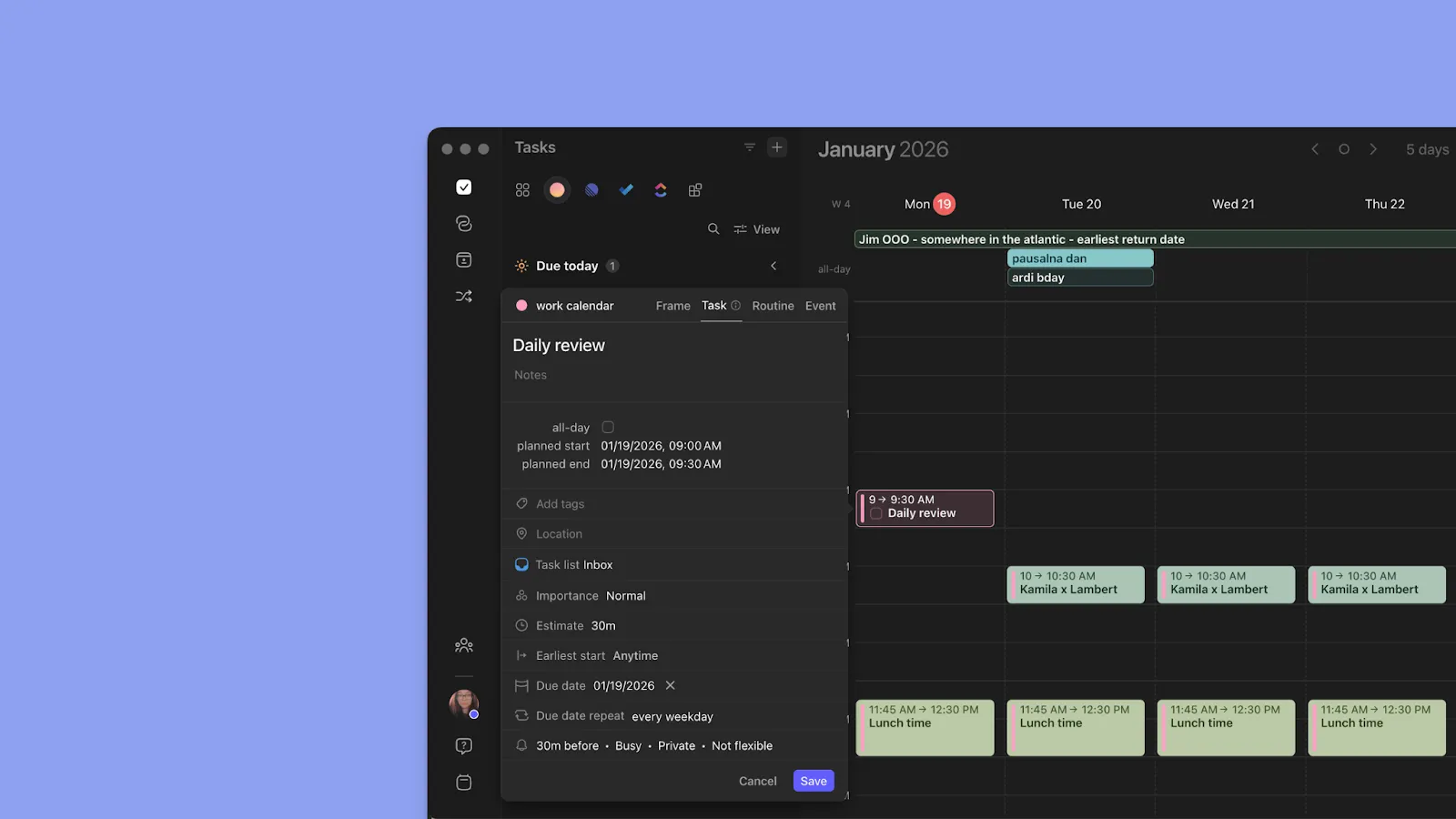 Morgen productivity features showing native task creation