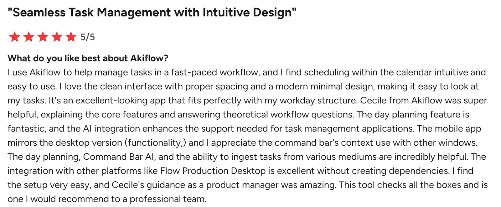 Reseña positiva de Akiflow