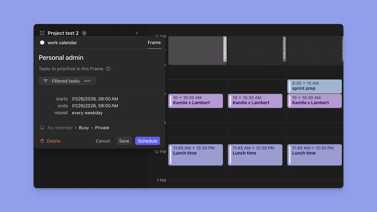 Ferramenta de planeamento baseado em frames Morgen.so mostrando um bloqueio de tempo "Admin pessoal"
