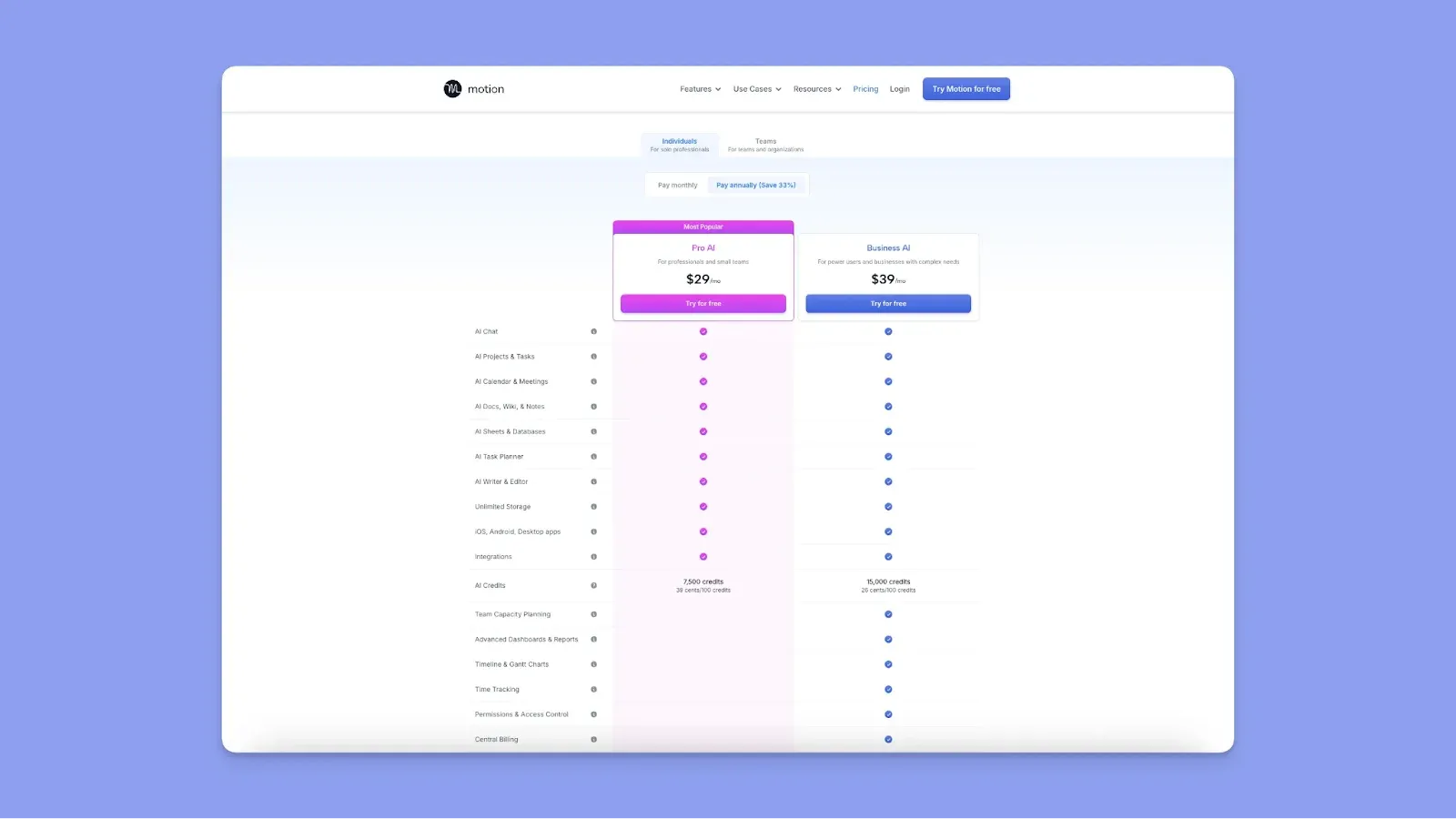 Motion Pricing Page