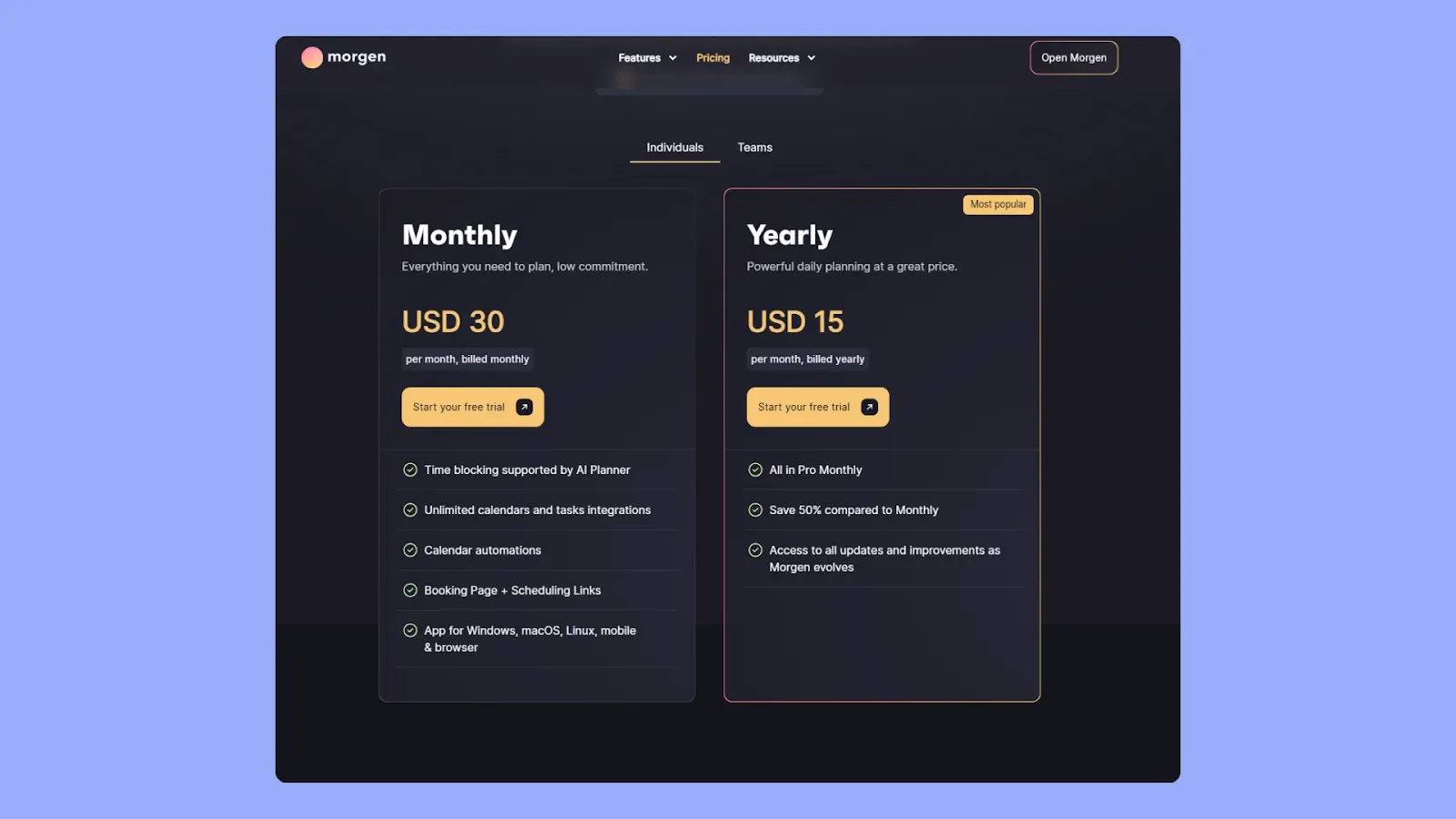 Morgen Pricing Page
