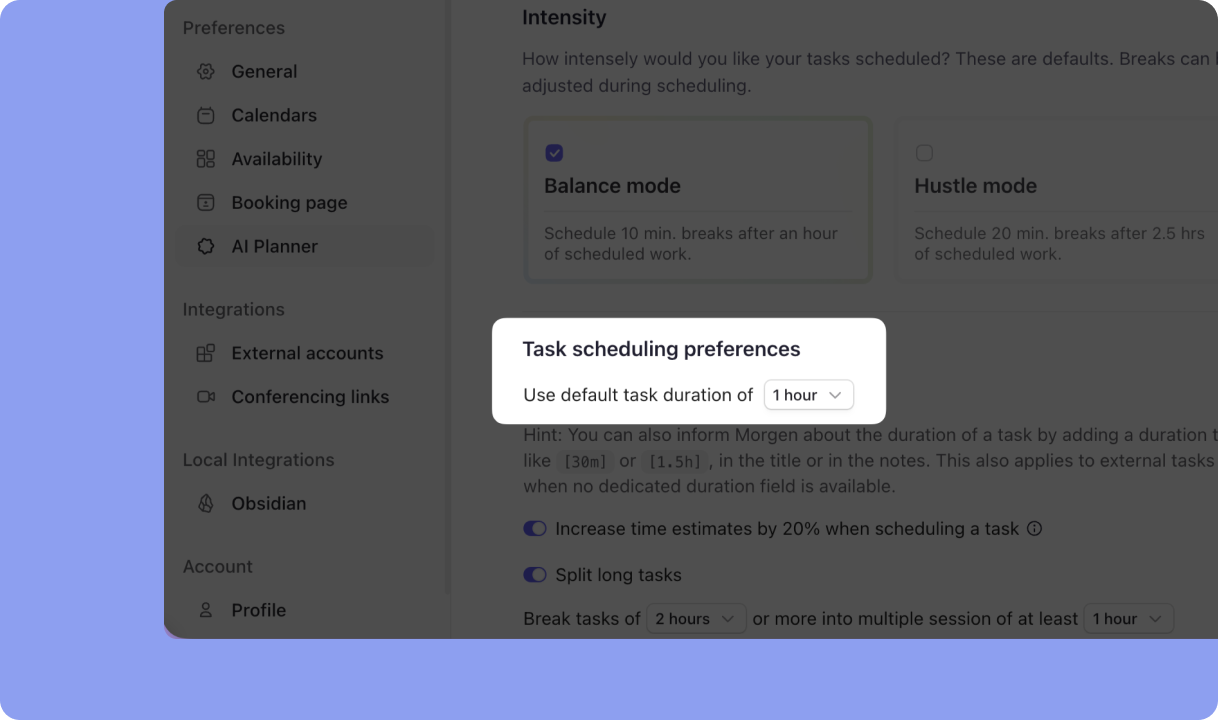 morgen task scheduling preferences