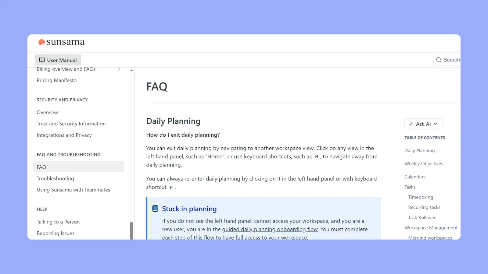 Sunsama Customer Support Page