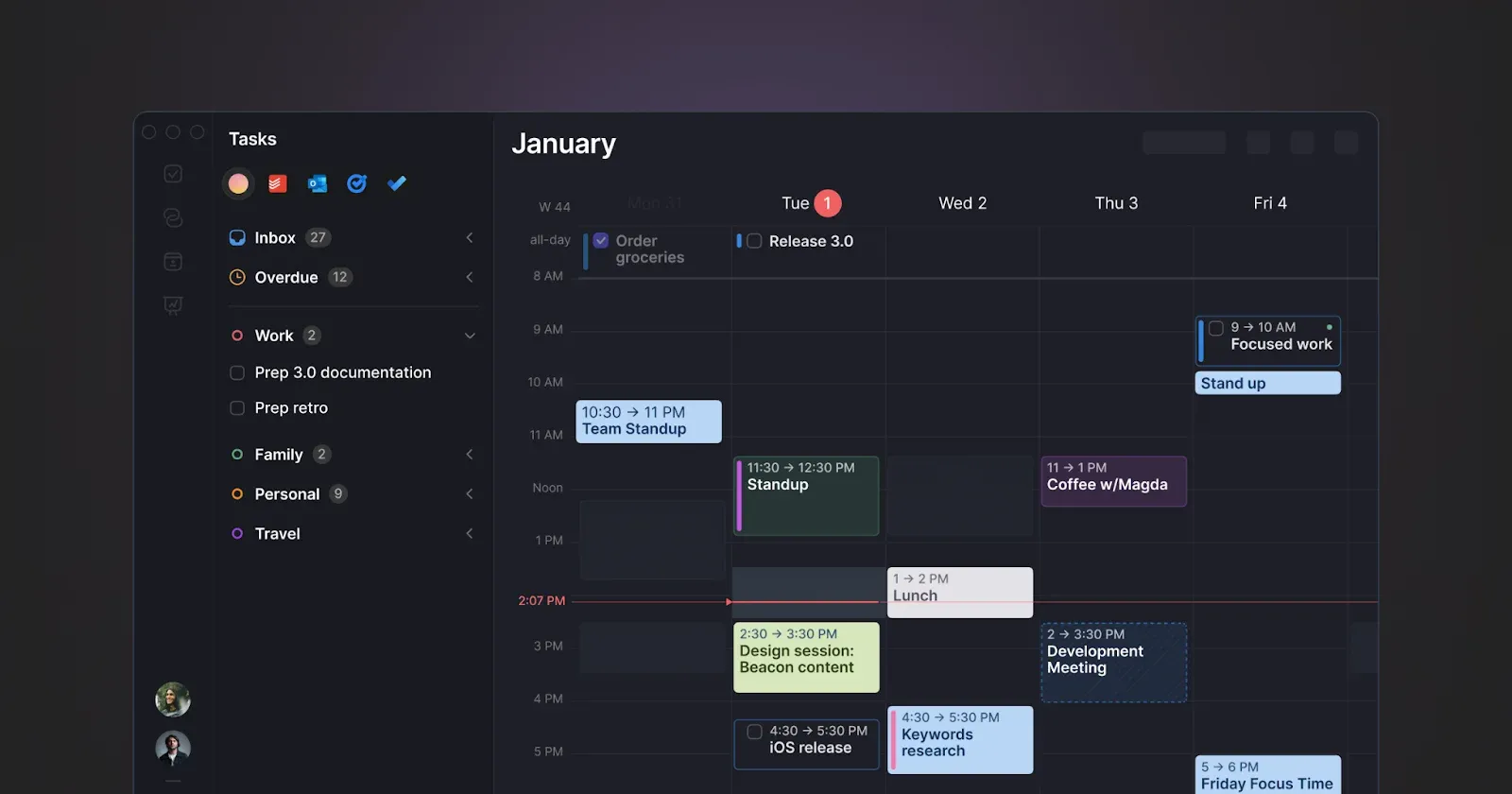 Vista Unificada Morgen de Tarefas e Compromissos de Calendário