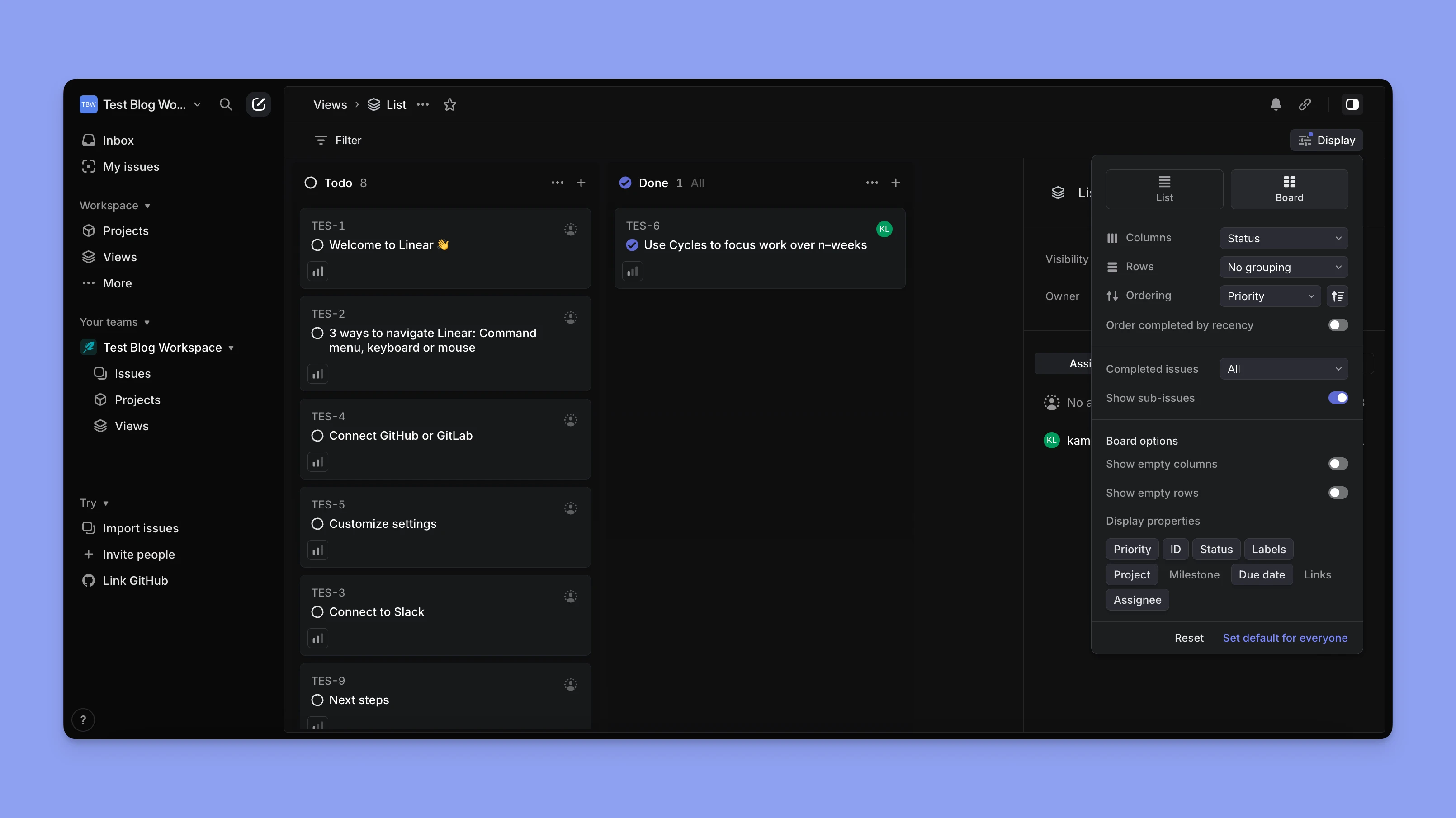 Linear app board view