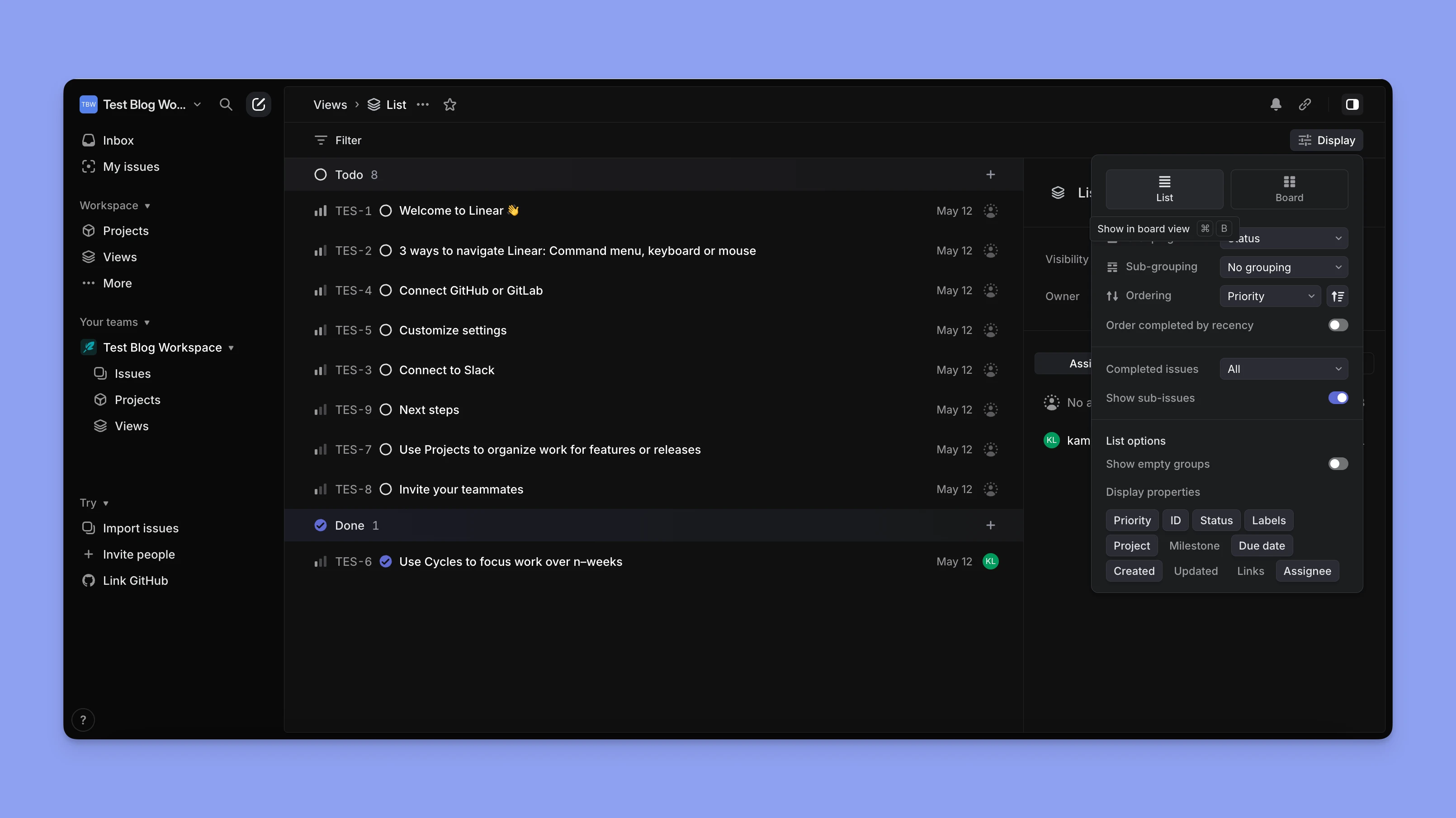 Linear app list view