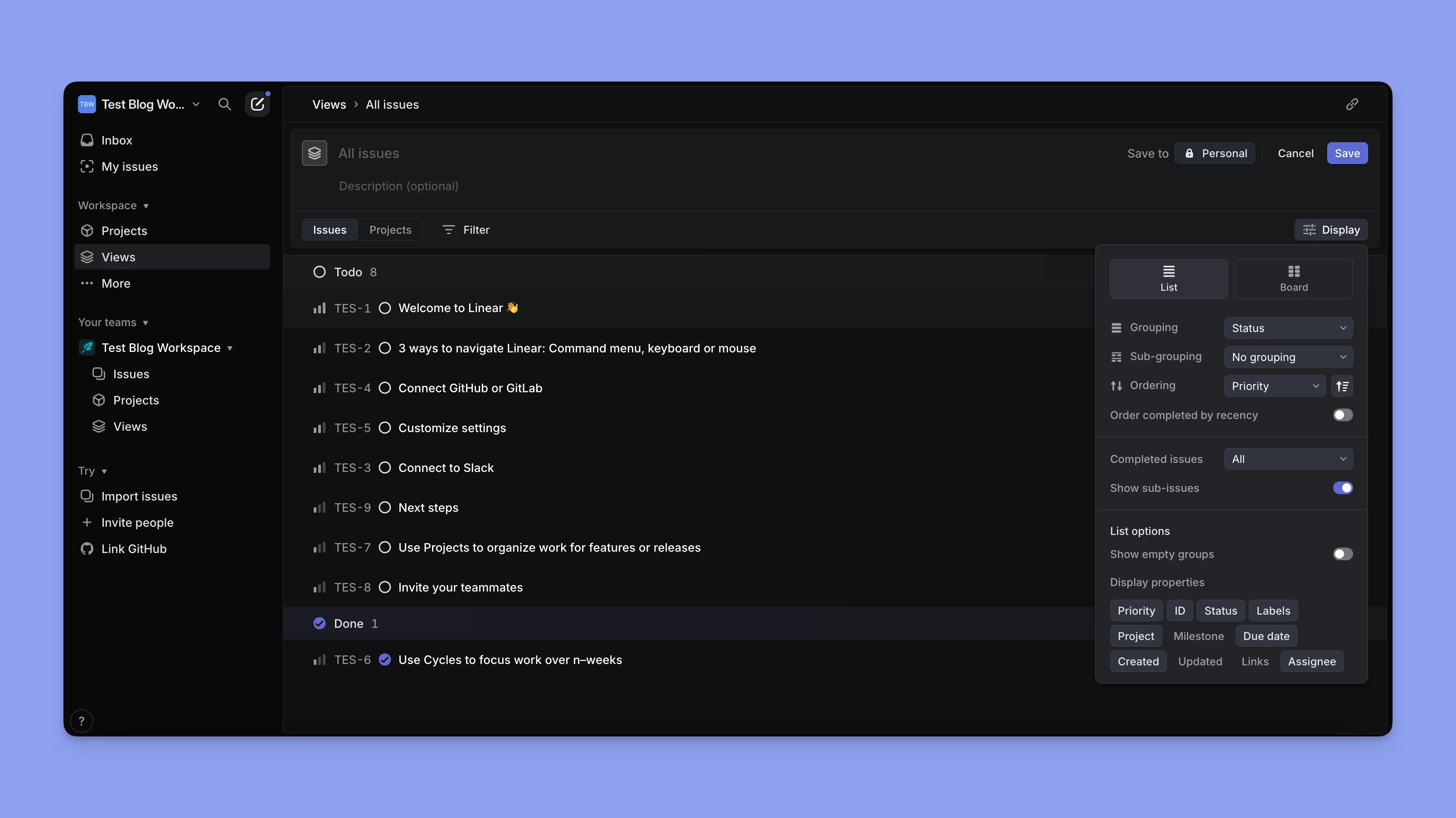 Linear app custom views